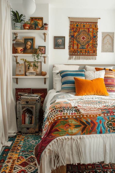 Simple Boho Bedroom Small Spaces, Small Nyc Apartment Aesthetic Bedroom, Ways To Arrange A Bedroom, Organize Bedroom Ideas, Tiny Bedroom Aesthetic, Bedroom Layout Ideas Furniture Placement, Mexican Inspired Bedroom, Boho Small Bedroom, Boho Chic Office Decor