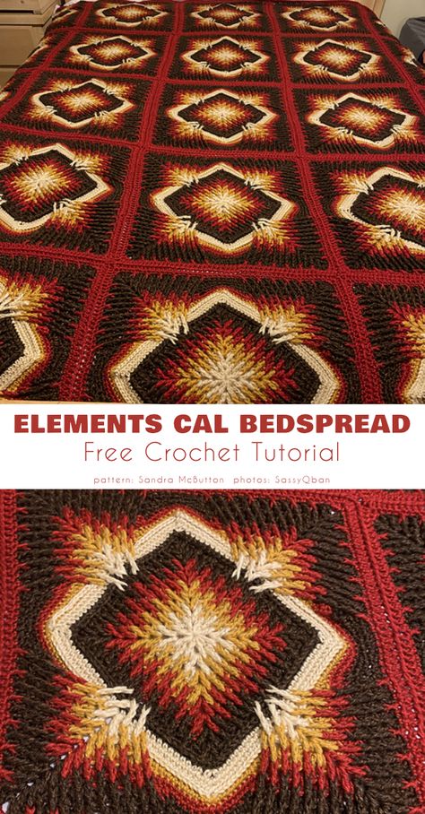 Elements CAL Bedspread Free Crochet Patterns Amigurumi Patterns, Crochet Bedsheets, Crochet Baby Socks, Granny Square Crochet Patterns Free, Crochet Bedspread Pattern, Crochet Afghan Patterns Free, Crochet Blanket Designs, Vintage Crochet Patterns, Cozy Crochet