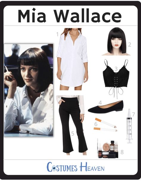 Cool Female Movie Characters, Pulp Fiction Cosplay, Fictional Characters Outfit Ideas, Halloween Costumes Pulp Fiction, Fictional Character Costume Ideas, Fictional Character Costumes, Mia Pulp Fiction Halloween, Characters For Halloween Costumes, Pulp Fiction Couple Costume