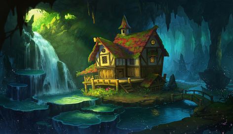 ArtStation - a cabin in the cave , Dan Zhao Fantasy Kingdoms, Fantasy Environment, Bridge Drawing, Fantasy Houses, House Concept, Art Passion, Fantasy Landscapes, Sims Ideas, Dark Rose