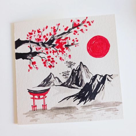 Japanese Art Painting Easy, Japanese Art Drawing Easy, Japanese Art Easy To Draw, Chinese Painting Easy, Easy Japanese Painting, Japanese Drawing Ideas, Japan Painting Easy, Japan Drawing Easy, Cute Japanese Drawings