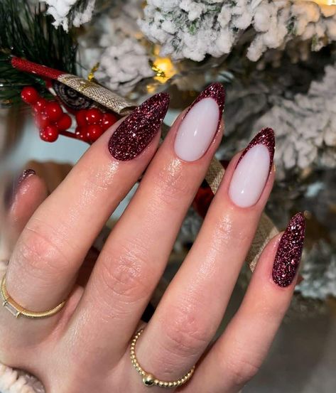 40 Top Winter Nail Designs to Try Dark Red Nails For Christmas, Frosted Red Nails, Cherry Red Christmas Nails, Burgundy Nails Glitter, Cherry Red Nails French Tip, Deep Red Christmas Nails, Dark Red Nails Christmas, French Nail Red, Dark Cherry Red Nails Design