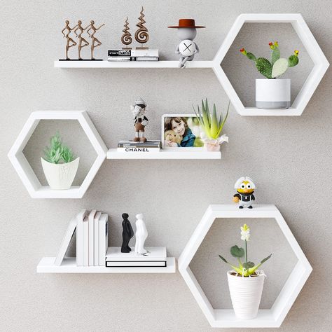 PRICES MAY VARY. 【Versatile Decor】Transform any room with the rustic charm of these white pine wood hexagon floating shelves. Use them to display plants, books, photos, and more, and create a personalized space that reflects your style and transform your wall space into a stunning focal point. 【Space-saving Design】These hexagonal wall-mounted shelves are perfect for small spaces. They keep your items organized and off the floor, freeing up valuable space in your living room, bedroom, bathroom, k Floating Shelves Hexagon, Bedroom Wall Decor Items, Living Room White Design, Small Decor Items For Shelves, Wall Mounting Ideas, Things To Build For Your Room, Living Shelves Ideas, Creative Floating Shelves, Home Decorative Items