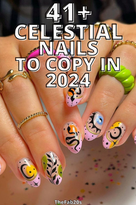 Celestial nails Gel Nail Designs Short Nails Boho, Short Planet Nails, Ethereal Nail Designs, Short Nail Designs Celestial, Nail Decal Ideas, Quirky Nail Ideas, Colorful Witchy Nails, Square Celestial Nails, Jelly Roll Concert Nail Ideas