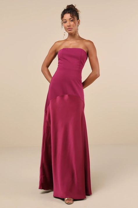 Plum Purple Dress - Strapless Maxi Dress - Mixed Media Dress - Lulus Maxi Dress Strapless, Mixed Media Dress, A Line Maxi Dress, Strapless Maxi, Straight Neckline, Strapless Maxi Dress, Satin Skirt, Plum Purple, Dress 100