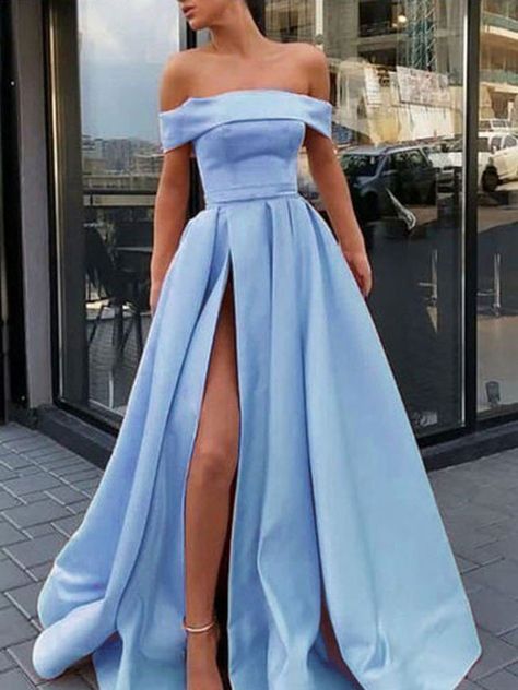 A-Line/Princess Sleeveless Off-the-Shoulder Sweep/Brush Train Ruffles Satin Dresses Quinceañeras Dress, Long Elegant Prom Dresses, Posh Dresses, Long Party Gowns, Banquet Dress, Populaire Outfits, Light Blue Dress, Prom Dresses Yellow, Corset Dress Prom