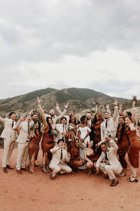 If you know me you know I love burnt orange, so when the bridesmaids are rocking these dresses I AM OBSESSED! Everything went together so perfectly for this boho and modern wedding in Colorado. See timeless wedding dress fitted, timeless wedding dress ideas, timeless wedding dress romantic, burnt orange color bridesmaid dresses and burnt orange bridesmaid wedding. Book Karina for your aesthetic wedding photos or intimate wedding photos at kasitimbayphotography.com. Bridesmaid Orange Dresses, Boho Rustic Bridesmaid Dress, Different Shades Of Burnt Orange Bridesmaids, Orange Wedding Aesthetic, Orange Aesthetic Wedding, Burnt Orange Bridal Party, Wedding Colors Burnt Orange, Orange And Brown Wedding, Bridesmaid Dresses Burnt Orange
