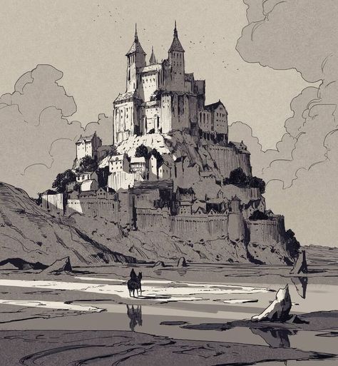 fantasy designs of architecture drawing Castle On A Hill Art, Drawing Ideas Environment, Castle Pen Drawing, Ink Map Drawing, Castle On A Hill Drawing, Fantasy City Sketch, Fantasy Castle Sketch, Castle Drawing Sketches, Castle Ink Drawing