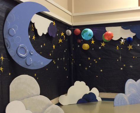 Space Theme Stage Design, Diy Space Decorations For Vbs, Space Theme Decorations Classroom, Outerspace Vbs Decorations, Outer Space Decoration, Outer Space Book Fair, Space Theme School Decorations, Space Themed Party Decorations, Space Vbs Decor