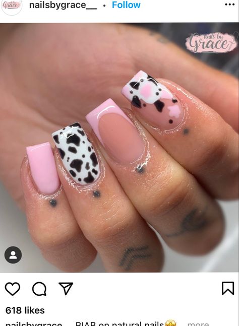 Pink Black And White Cow Print Nails, Short Coffin Cow Print Nails, Pink Vaquita Nails, French Nails With Cow Print, Cow Print With Pink Nails, Nail Designs Cow Print Pink, Short Cow Print Nails Acrylic, Cow Print Nail Designs Acrylic, Short Pink Cow Print Nails