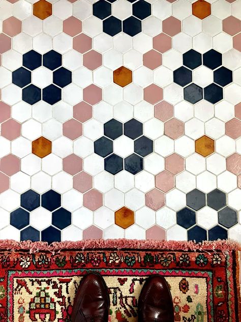 Patchwork, Hex Tiles Bathroom, Hexagon Tile Pattern, Hexagon Tile Bathroom, Flower Tile Pattern, Penny Tile Floors, Modern Tile Designs, Entry Tile, Colorful Tile Floor