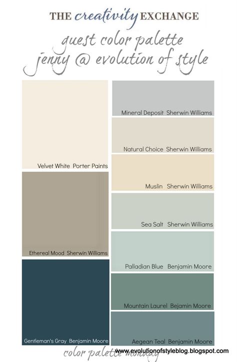 Our Paint Colors - Evolution of Style Indoor Paint Colors, Palladian Blue Benjamin Moore, Benjamin Moore Kitchen, French Country Colors, Palladian Blue, House Color Palettes, Exterior Painting, Neutral Paint Colors, Time Stood Still