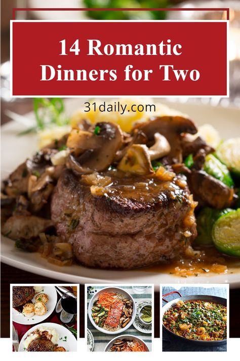 Romantic Dinner Recipes for Two — for Valentine’s Day, anniversaries, date nights at home, or any special occasion. Essen, Romantic Dinner Recipes For Two, Steak Dinners For Two, Easy Romantic Dinner, Dinner Party Menu Ideas, Dinner Date Recipes, Party Menu Ideas, Anniversary Food, Valentines Food Dinner