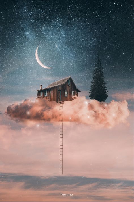 House In The Sky Drawing, Life In The Sky, Dream Ideas Art, Dream House Painting Art, Dream World Painting, Life In The Sky Painting, Dream State Art, Fantasy Dream Art, Dream Painting Surrealism