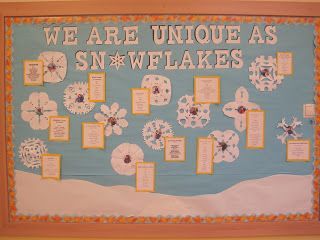 Bulletin Board Ideas -- Unique as Snowflakes Amigurumi Patterns, Preschool Bulletin Boards Fall, Winter Bulletin Board Ideas, Winter Boards, Simple Poetry, Snowman Bulletin Board, December Bulletin Boards, Winter Poetry, Winter Classroom Decorations