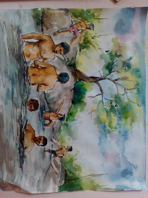 Human Composition Painting Watercolour, Figure Composition, Firefly Painting, Watercolor Human, Watercolor Indian, Memory Drawing, Watercolor Scenery, Composition Painting, Ram Image