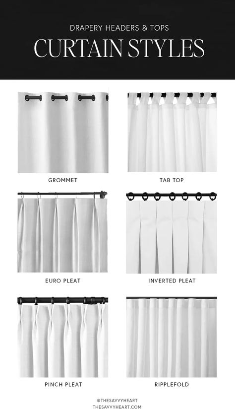 Different Drapery & Curtain Styles: What Types To Buy And Which Ones To Avoid | The Savvy Heart | Interior Design, Décor, and DIY Curtain Types Style, Types Of Curtain Pleats, Curtain Styles Bedroom, Types Of Curtains Style, Curtain Styles Living Room, Curtain Pleats Styles, Different Curtain Styles, Pelmet Designs, Interior Design Curtains