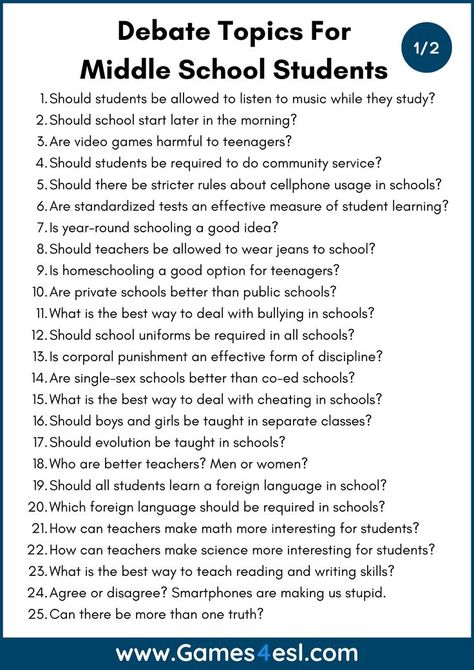 Teaching debate to middle school students? Need debate topics? check out these 50 debate topics for middle school students. Research Topics For Middle School, Good Debate Topics, Topics To Debate About, Debate Questions Funny, Topics For Essay, Tips For Debate, Debate Questions High School, Reaserch Topics, Public Speaking Middle School