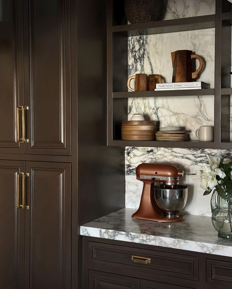 Brown Painted Cabinets, Brown Kitchen Ideas, Dark Brown Kitchen Cabinets, Dark Brown Kitchen, Dark Brown Cabinets Kitchen, Slab Backsplash, Lone Fox, Backsplash Trends, Morning Magic