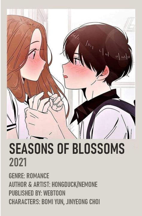 Romance escolar Kdrama manhwa webtoon Minimalist poster Webtoon Minimalist Poster, Seasons Of Blossom, Best Romance Anime, Japanese Animated Movies, Anime Suggestions, Comic Poster, Anime Printables, Anime Titles, Manga Couple