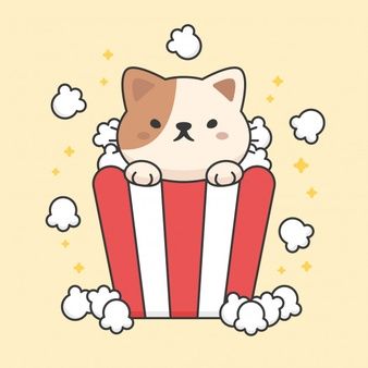 Character of cute cat in a popcorn bucket Griffonnages Kawaii, Illustration Mignonne, Art Mignon, Popcorn Bucket, Drawing Cartoon Faces, Animal Character, Animal Doodles, Pop Stickers, Cute Kawaii Animals