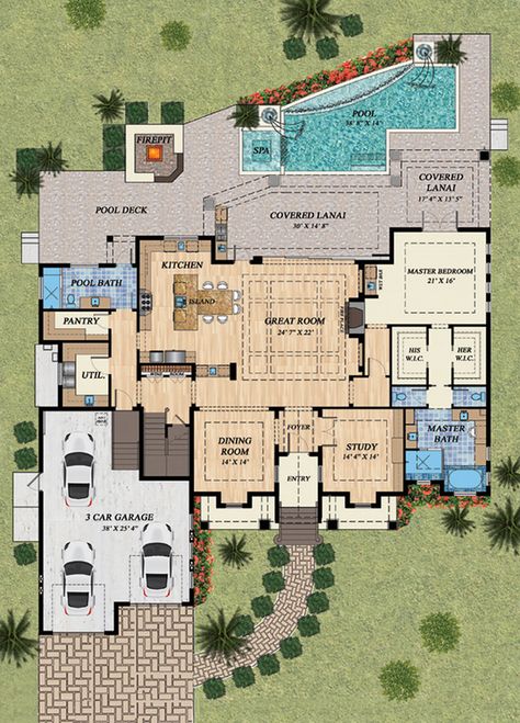 Plan #548-15 - Houseplans.com Modern Mediterranean Homes, Florida House Plans, Mediterranean Style House, Mediterranean House Plan, Unique Floor Plans, Pool House Plans, Mediterranean Style House Plans, Mediterranean Modern, Mediterranean House Plans