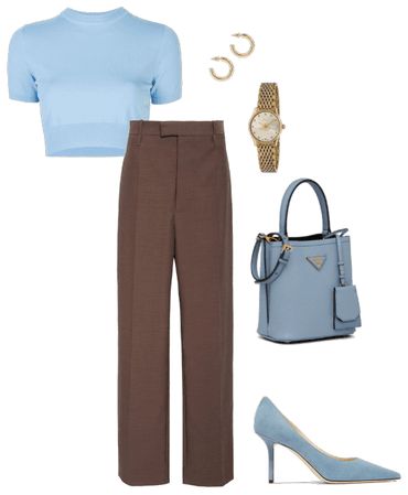 Powder Blue And Black Outfit, Sky Blue Heels Outfit, Sky Blue And Brown Outfit, Brown With Blue Outfit, Dark Brown And Blue Outfit, Brown Pants Color Combinations, Brown Pants Blue Top, Brown And Blue Outfit Aesthetic, Sky Blue Pants Outfit For Women