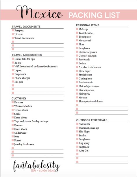 Packing List for Mexico: Free Printable Packing List For Mexico, Mexico Packing List, Business Trip Packing, Beach Vacation Packing, Cancun Vacation, Cancun Trip, Packing Checklist, Packing List For Vacation, Vacation Packing