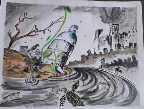 Plastic Free World Drawing, Water Pollution Sketch, Environmental Pollution Drawing Sketch, Poster On Beat Plastic Pollution, Stop Plastic Pollution Drawing, Water And Air Pollution Drawing, Poster About Pollution, Air Pollution Painting, Air Pollution Drawing Competition