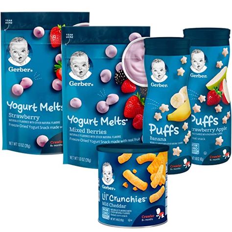 Gerber Baby Snacks, Baby First Finger Foods, Snacks For Baby, Gerber Snacks, First Finger Foods, Yogurt Melts, Yogurt Snacks, Baby Puffs, Banana Snacks