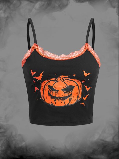 Halloween Tank Tops, Scene Clothes, Halloween Tops, Halloween Tank Top, Emo Clothes, Streamer Dr, Halloween Top, Scene Outfits, Lace Cami Top