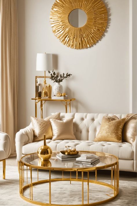 25 Baddie Living Room Ideas – The Crafty Hacks Living Room Decor Glam Luxury, Beige And Gold Living Room Ideas, White And Gold Apartment Decor, Living Room Designs Gold, Beige Gold Living Room, Living Room Gold Accents, Glam Boho Living Room, Gold Apartment Decor, Baddie Living Room