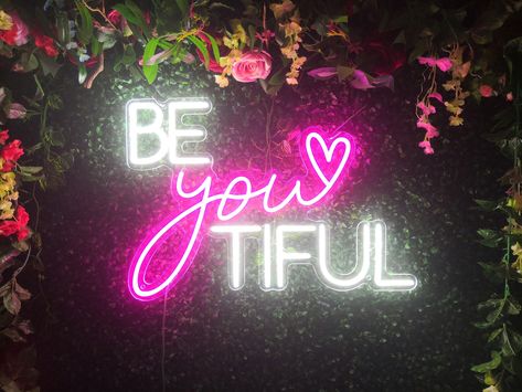 Be You Tiful Neon Sign Custom Nail/Eyelash/Ha Neon Signs Quotes Hair Salon, Salon Celebration Ideas, Facial Room Neon Sign, Hair Salon Wall Decor Interior Design, Beauty Salon Led Sign, Emerald Green And Pink Salon, Nails And Hair Aesthetic, Neon Signs For Beauty Salon, Neon Signs For Salons