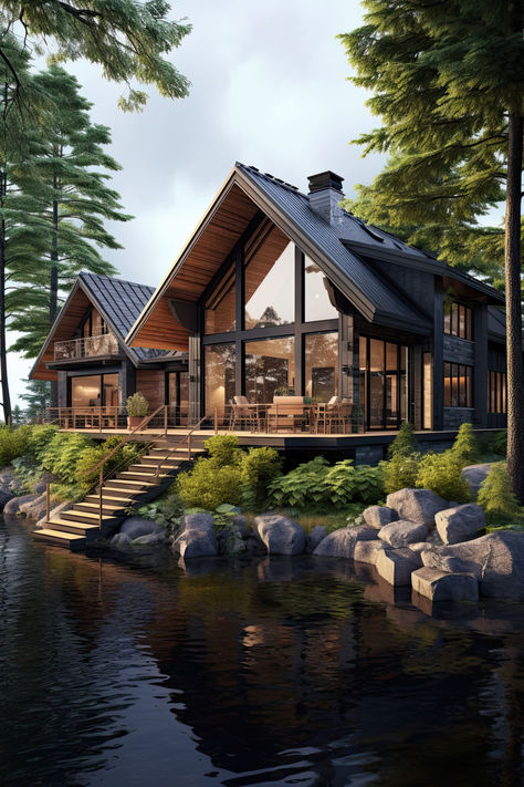 Small Lake Houses Exterior, Cabin Style Exterior, Small Lakefront Homes, Lakefront Cottage Plans, Modern Stone Cottage, Modern Cabin House Exterior, Modern Chalet Exterior, Exterior Home Design Modern, Modern Lake Cabin