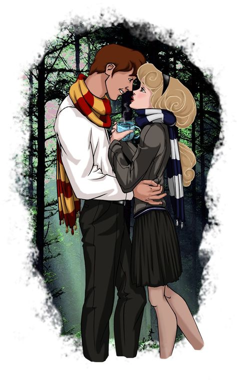 Princess Aurora and Prince Phillip. Reimagined As Hogwarts Students Disney Characters Reimagined, Fanart Harry Potter, Disney Amor, Disney Hogwarts, Princesas Disney Anime, Foto Disney, Animation Disney, Harry Potter Disney, Disney Sleeping Beauty