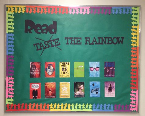 "Read (not Taste) the Rainbow" - Library Bulletin Board Book Rainbow Bulletin Board, Read The Rainbow Bulletin Board, Reading Rainbow Bulletin Board, Door Decorations School, Read The Rainbow, Rainbow Bulletin Board, Spring Library, Rainbow Display, Rainbow Bulletin Boards