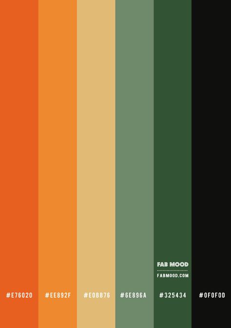 color hex, green and orange papaya, green and burnt orange, green and terracotta color scheme, autumn color palette #colorpaltte #colorscheme Green Color Pallete, Color Palette Orange, Papaya Color, Flat Color Palette, Orange Palette, Orange Color Schemes, Color Design Inspiration, Hex Color Palette, Orange Color Palettes