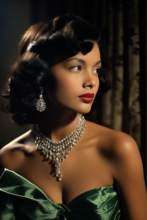 Classic Make Up Vintage Makeup, 30s Hollywood Glamour, Black Women 50s Fashion, Black Hollywood Glamour Photoshoot, Sophisticated Photoshoot Ideas, 1920s Photoshoot Black Women, Old Hollywood Photoshoot Black Women, Old Hollywood Glam Photoshoot, 50s Black Women