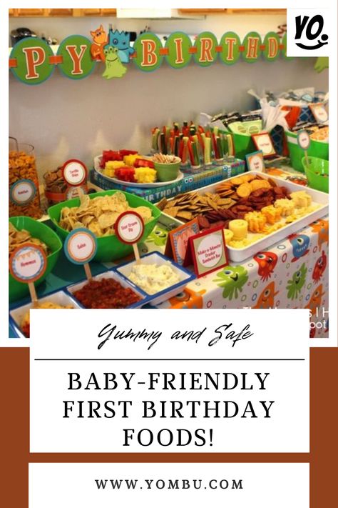 Planning a first birthday party and wondering what foods to serve? These baby-friendly options are sure to please even the pickiest of eaters! From applesauce to sandwiches, crackers to popsicles, there's something for everyone. Check out these ideas to ensure your little one's celebration is a hit! #FirstBirthday #BabyFriendlyFoods #PartyMenu #KidApproved #HealthyEating #YombuParty #PartyIdeas #birthday #inspiration #kidsparty #yombu 1 St Birthday Party Food Ideas, Finger Food 1st Birthday Party, What To Serve At Birthday Party, Essen, Treats For First Birthday Party, 1st Birthday Snacks Ideas, 1st Birthday Meal Ideas, Food Options For Birthday Party, First Birthday Party Lunch Ideas
