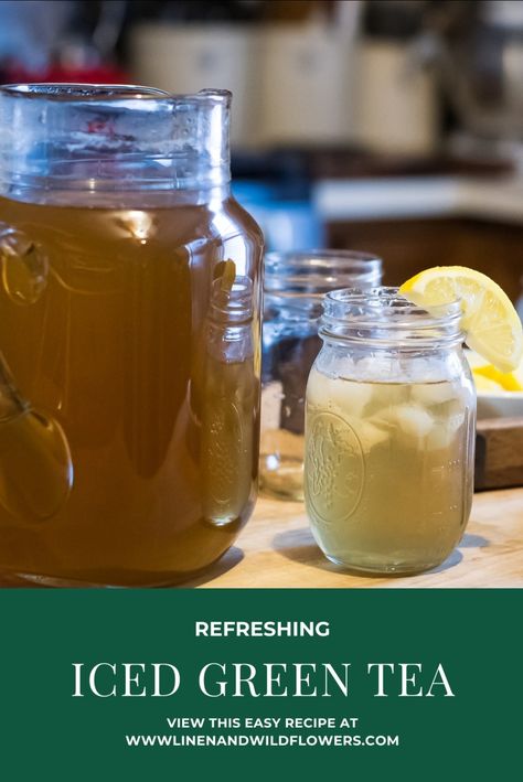 Pitcher of iced Green tea & mason jars Green Tea Recipes Healthy, Ice Green Tea, Green Tea Detox Drink, Iced Green Tea Recipe, Sweet Green Tea, Sweet Tea Recipes, Green Tea Drinks, Green Tea Recipes, Iced Green Tea