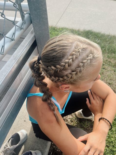 Braided Hairstyles Basketball, Braided Ponytail White Women, Dutch Braid Cheer Hair, Braided Hairstyles Softball, Braid To Bun Hairstyle Sports, Track Braid Hairstyles, Unique Softball Hairstyles, Hair Styles For Soccer Game, Crazy Braid Hairstyles