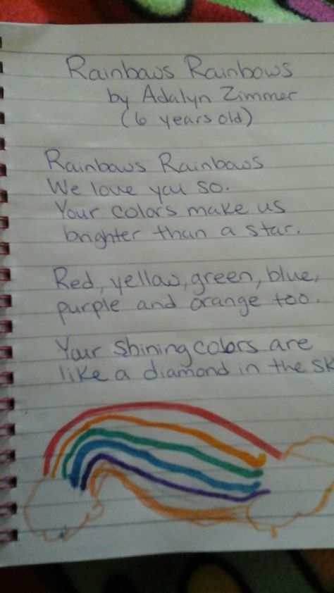 My daughter's first poem about rainbows Rainbow Poem, English Rhymes, Simple Poems, Rainbow Drawing, Kids Poems, Rainbow Connection, Rhymes For Kids, Favorite Sayings, English Vocabulary Words