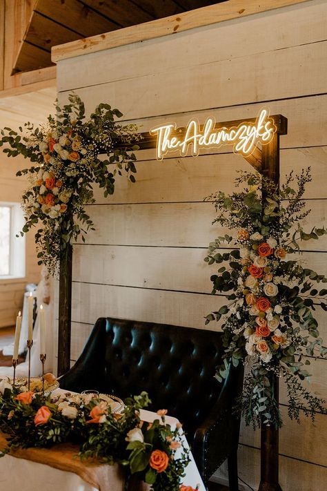 Diy Backdrop Wedding Head Table, Rustic Sweetheart Table Backdrop, Wedding Arch With Led Sign, Sweetheart Table Wood Backdrop, Wood Sweetheart Table Wedding, Head Table Backdrop With Neon Sign, Head Table Wedding Decorations Rustic Country Chic, Arch Photo Backdrop Wedding, Head Table Arch Backdrop