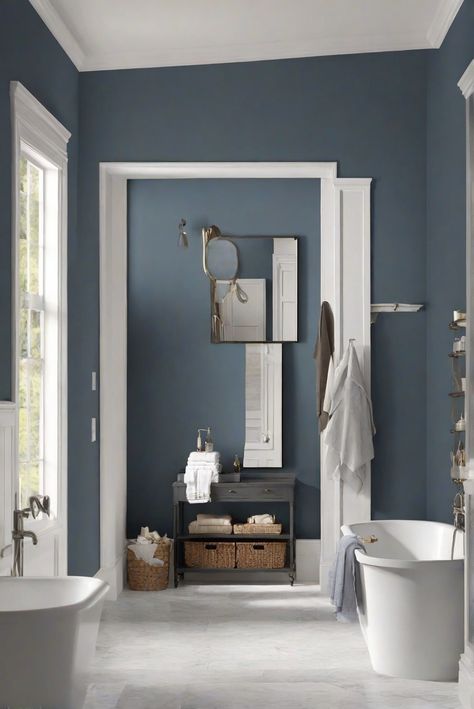 home interior design, website design, space planning, color matching painting Grey And Blue Bathroom Ideas Colour Schemes Master Bath, Blue Bathroom Sherwin Williams, Blue Grey Paint Color Bathroom, Dark Blue Wall Paint Colors, Blue Grey Bathroom Walls, Dark Blue Grey Bathroom, Charcoal Bathroom Walls, Charcoal Blue Bathroom, Master Bath Paint Ideas