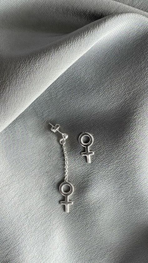 Still life jewellery recycled silver earrings with feminist symbol Mixed Earrings, Long Earrings Silver, Venus Symbol, Women Unite, Feminist Jewelry, Big Statement Earrings, Petite Necklace, Long Silver Earrings, Elegant Look