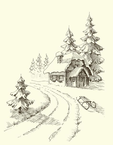 Nature in winter season. Pine trees and a house in the snowy landscape vector illustration Winter Theme Drawings, Snowy Landscape Drawing, Snowy Tree Drawing, Snowy Drawing, Winter Drawings Pencil, Winter Drawing Ideas Sketch, Winter Landscape Drawing, Winter Tree Drawing, Christmas Sketches