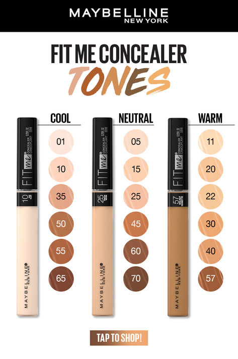 Finding the right shade can be challenging, but this guide will help you determine if you're a cool, neutral, or warm tone. Whether you want to brighten, correct, or contour, there's a Fit Me Concealer shade for every skin tone. 🌟✨ Fit Me Maybelline Concealer, Maybe Kline Concealer, Maybelline Fit Me Concealer Shades, Maybelline Fitme Concealer, What Concealer Shade To Use, Concealer And Contour Guide, Where To Put Makeup On Face Concealer, Concealer Shade Guide, Cool Tone Contour Products