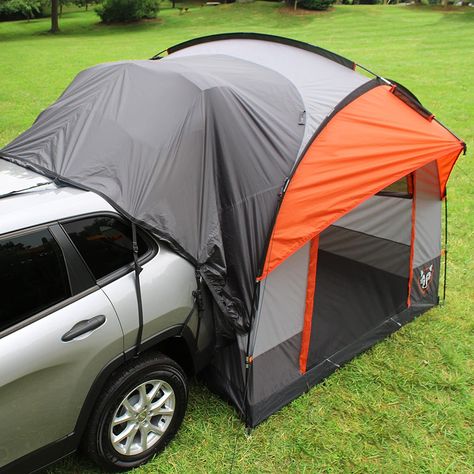 Universal-Fit Car Tent: Camp without leaving all the luxuries of home behind; This tailgate tent features an adjustable vehicle sleeve that can be attached to the back of any size SUV with or without a roof rack Intuitive Features: This outdoor tent comes equipped with 2 gear pockets for small personal items, an overhead lantern hook, glow-in-the-dark zipper pulls, and a water-resistant PE bathtub floor — no ground tarp required Family Size: This large tent comfortably sleeps 4 adults, while the Auto Camping, Bil Camping, Zelt Camping, Suv Tent, Suv Camping, 4 Person Tent, Camping Set Up, Tent Campers, Camping Organization