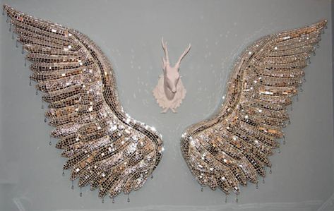 Project: Two large sculptural Silver Wings Dimensions: each wing  approx. 42″L x 22″W Materials: Particle board, foam insulation, various mirrored glasses, glass rain drops, constructio… Angel Wings Decor, Angel Wings Wall Art, Diy Angel Wings, Angel Wings Art, Angel Wings Wall Decor, Diy Angels, Diy Wings, Wing Wall, Angel Wings Wall