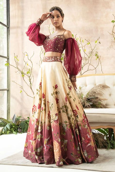 Buy #printed #lehenga & #blouse set by #Kalista at #Aza #Fashions Shop online now at #Azafashions.com Call +91 99870 70743 or email contactus@azafashions.com for enquiries. Aza Fashion Outfits 2022 Lehenga, One Sleeve Lehenga Blouse, Off Shoulder Blouse Lehenga Full Sleeve, Lehenga Blouse With Sleeves, Flower Print Lehenga Designs, Off Shoulder Full Sleeve Blouse, Unique Blouse Designs For Lehenga Full Sleeves, Printed Lehenga Designs, Lehenga Casual